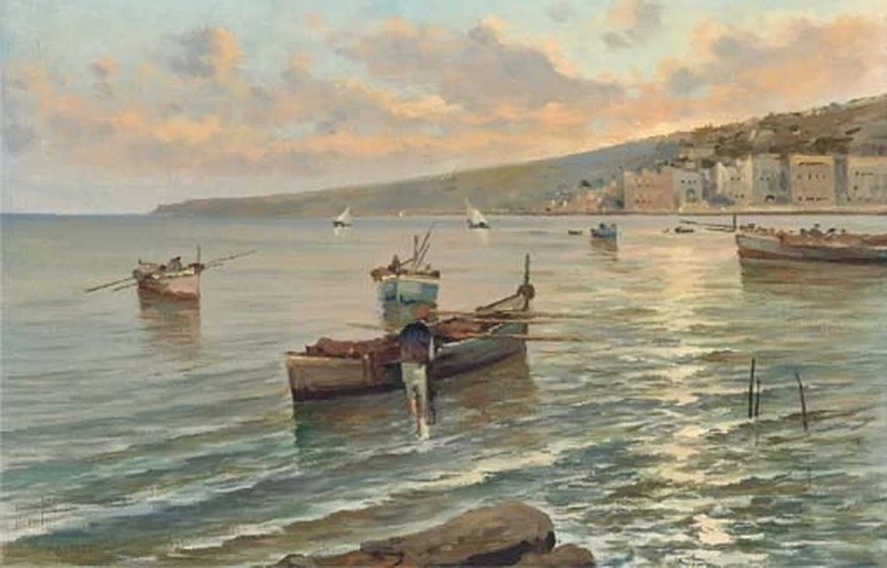 Pescatori al largo di una cittadina costiera napoletana